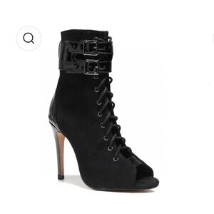 NWT BURJU Under The Influence Open Toe Lace Up Buckle Ankle Boots | Blac…